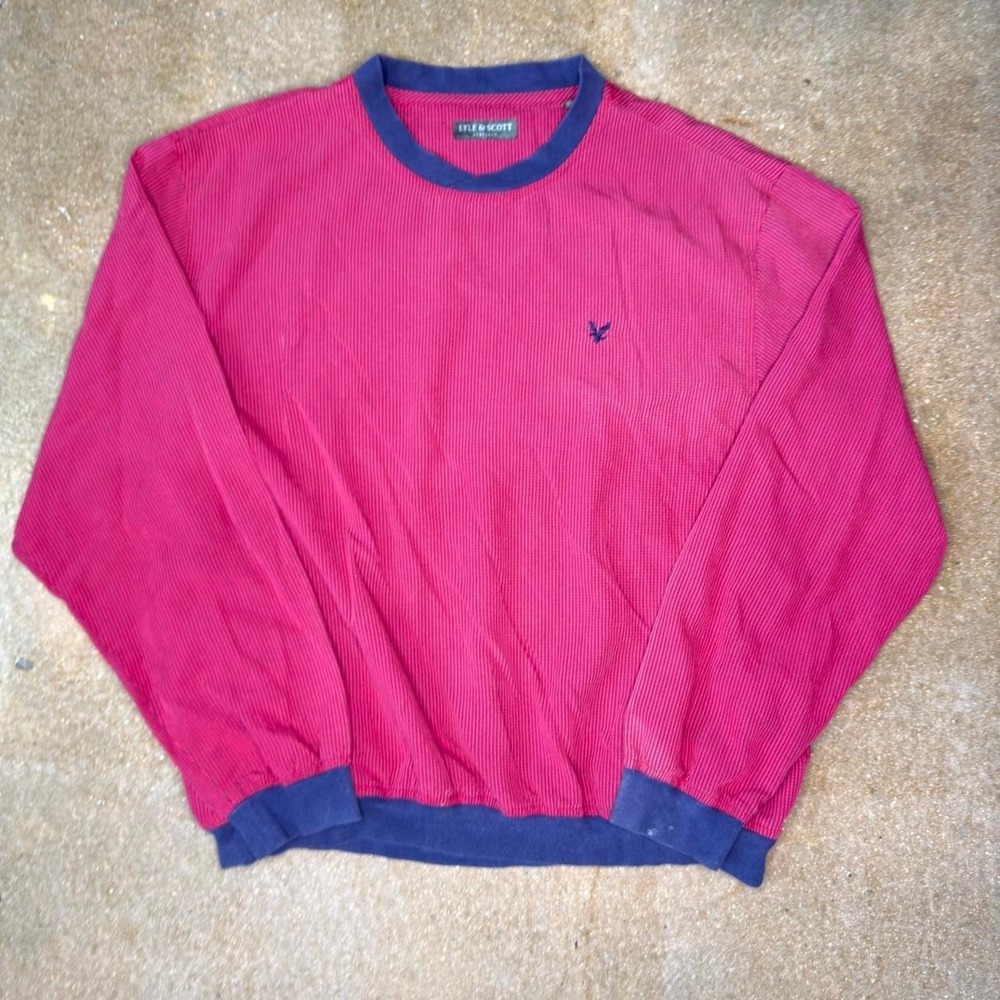 Lyle & Scott Scotland Mens Large Red Navy Pullover Ribbed Shirt Logo Vented L